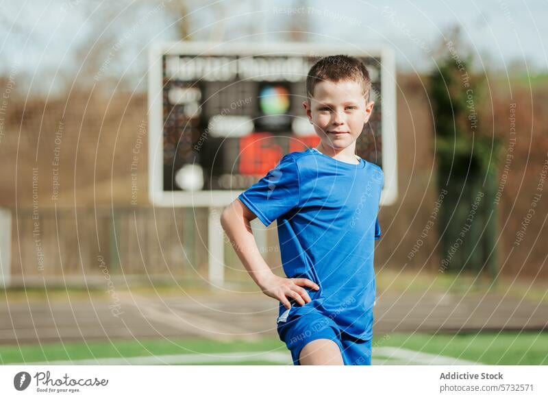 Junge im Fußballtrikot posiert auf einem Fußballplatz Feld jung Uniform blau Sport Kind selbstbewusst Pose Stehen im Freien Anzeigetafel Gras sportlich aktiv