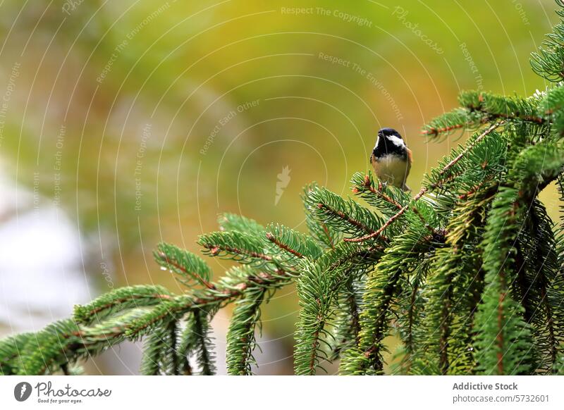 Safranmeise auf immergrünen Zweigen sitzend Vogel gehockt Immergrün Ast Natur Tierwelt Federn Schnabel Windstille Gelassenheit wild im Freien pulsierend