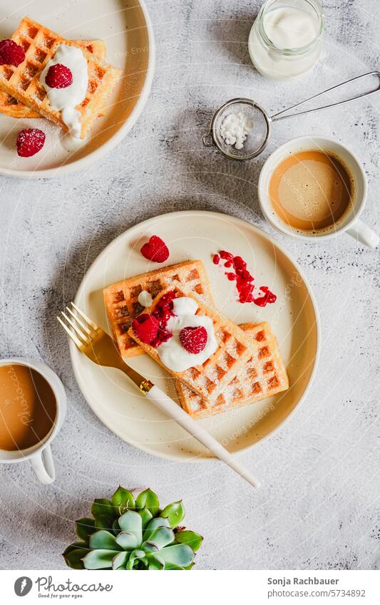 Frische Waffeln mit Joghurt und Himbeeren auf zwei Tellern. Draufsicht. Frühstück Kaffee Tasse Tisch gebacken Servierfertig Morgen Dessert Lebensmittel