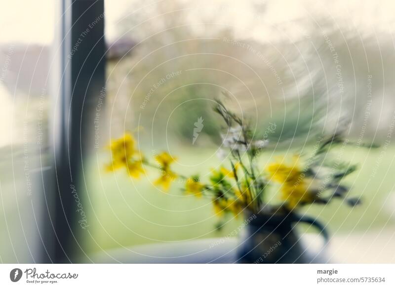 Blumenstrauß vor dem Fenster Vase Innenaufnahme unscharf Blüte Dekoration & Verzierung Blick aus dem Fenster Frühling Blühend grün gelb Pflanze zuhause Wohnung