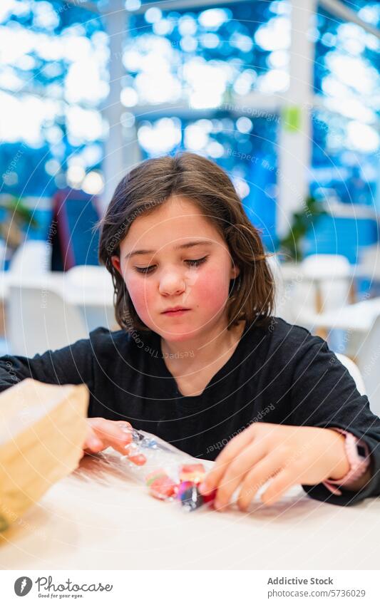 Mädchen bei einer handwerklichen Tätigkeit in einem hellen Innenraum Handwerk Aktivität im Innenbereich fokussiert jung Tisch farbenfroh Bokeh Hintergrund Kind