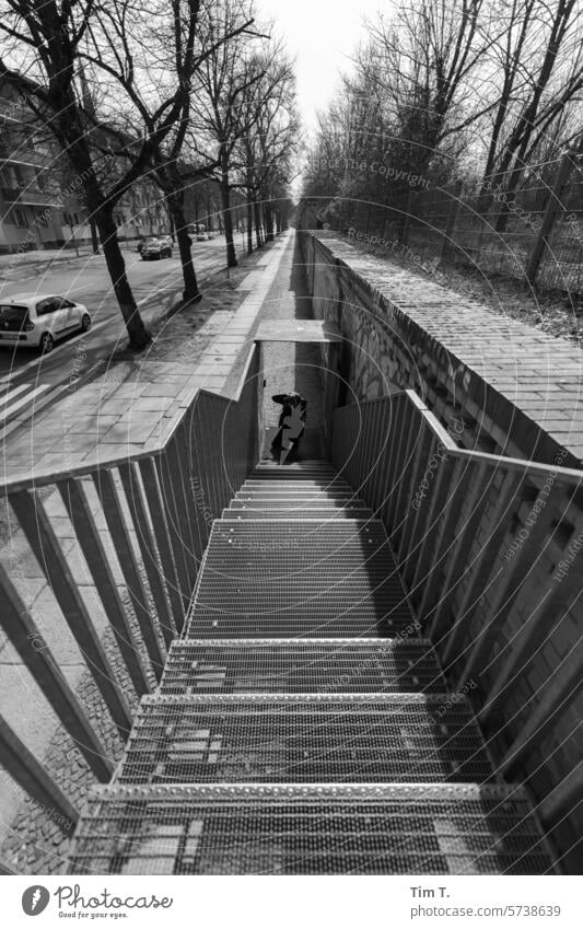 eine Stahltreppe zur Straße wedding s/w Treppe Schwarzweißfoto Tag Außenaufnahme Architektur Berlin bnw Hauptstadt Stadt Stadtzentrum