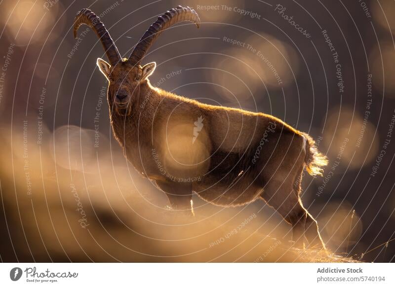 Ein majestätischer Alpensteinbock, der von den goldenen Strahlen der untergehenden Sonne angestrahlt wird und seine beeindruckenden Hörner und seinen gelassenen Blick zur Schau stellt