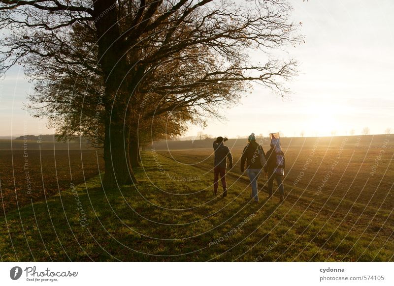 Abendlichtrunde Leben Wohlgefühl wandern Mensch Freundschaft 3 Menschengruppe 18-30 Jahre Jugendliche Erwachsene Umwelt Natur Landschaft Sonnenaufgang