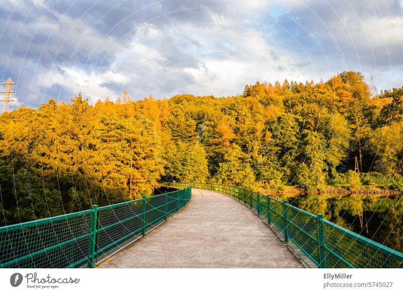 Landschaft an der Oestertalsperre bei Plettenberg. Talsperre brücke Damm Brücke Natur Wasser Himmel Wald Berge Hügel herbstlich Wolken Stausee Menschenleer