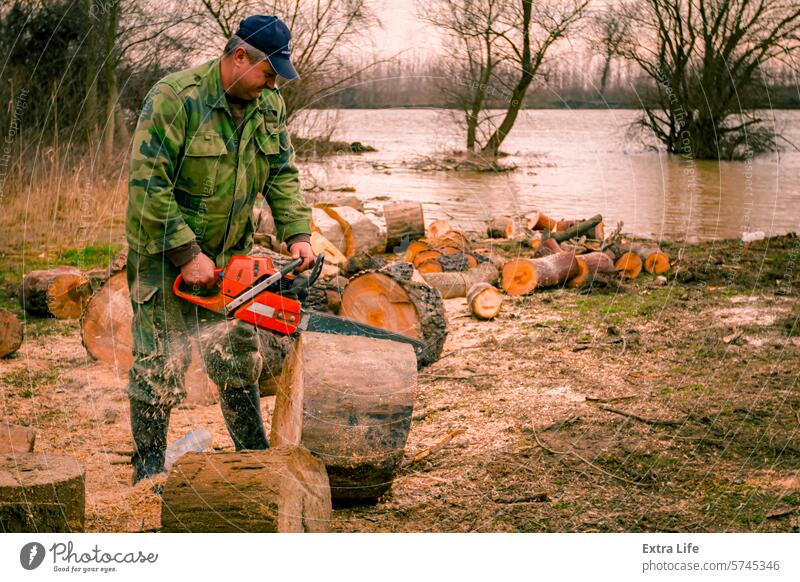 Holzfäller, Holzfäller, schneidet Brennholz, Holzstämme, mit Motorkettensäge in der Nähe des Flusses Bank Haufen anketten Kettensäge hacken Küste Querschnitt