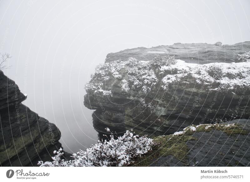 Auf dem großen Zschirnstein im Nebel. Felsen mit Schnee bedeckt. Aussichtspunkt Elbsandsteingebirge Winter Bäume Wald wandern Wurzel Sachsen Natur felsig