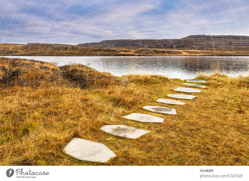 Blick über einen See auf die Landschaft im Osten von Island Berg Insel Natur Wasser Steine Felsen Gras Herbst Gipfel Himmel Wolken blau Idylle Urlaub Reise