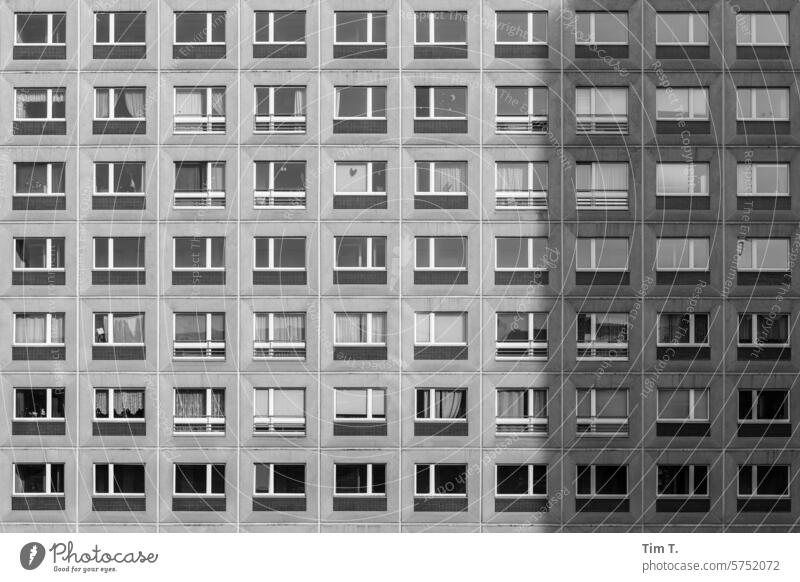 Fenster im Plattenbau s/w Architektur Schwarzweißfoto Tag Gebäude Menschenleer Außenaufnahme Bauwerk Stadt Haus Berlin Stadtzentrum Hauptstadt Fassade bnw Mitte