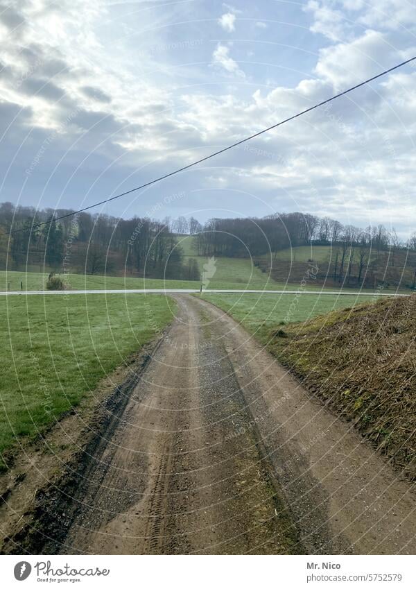 schotterweg Wege & Pfade Landschaft Straße Wiese Zufahrtsstraße Schotterweg Verkehrswege Feldweg Umwelt natürlich Wald Wolken Himmel Stromkabel Überlandleitung