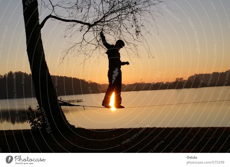 Slacklinen am See Mensch feminin Frau Erwachsene 1 Natur Landschaft Wasser Himmel Sonnenaufgang Sonnenuntergang Herbst Baum Seeufer festhalten Sport trendy