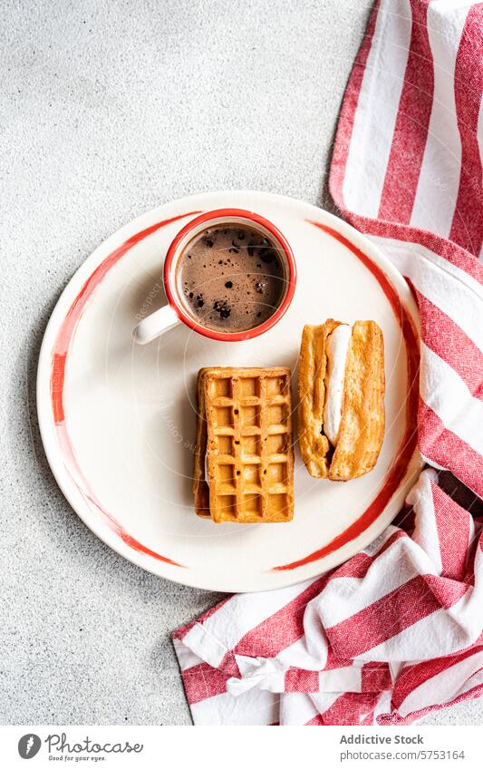 Leckere Waffeln mit Marshmallow und Kaffee auf einem Teller selbstgemacht Tasse heiß trinken Vanille Brotbelag Draufsicht golden rustikal Handtuch gestreift