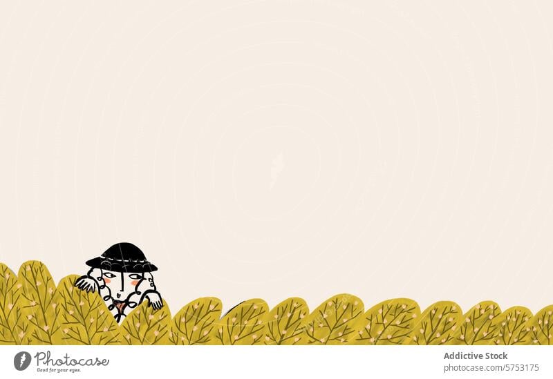 Frau versteckt sich hinter skurrilen Doodle-Büschen Grafik u. Illustration Gekritzel Buchse Charakter schrullig guckend beige Hintergrund Design graphisch Kunst