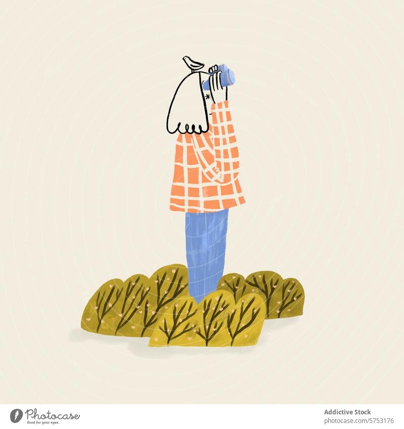 Skurrile Illustration einer Person mit Vogel auf der Hand Grafik u. Illustration skurril Zeichnung stilisiert Sträucher Natur spielerisch Kunst Kunstwerk Design