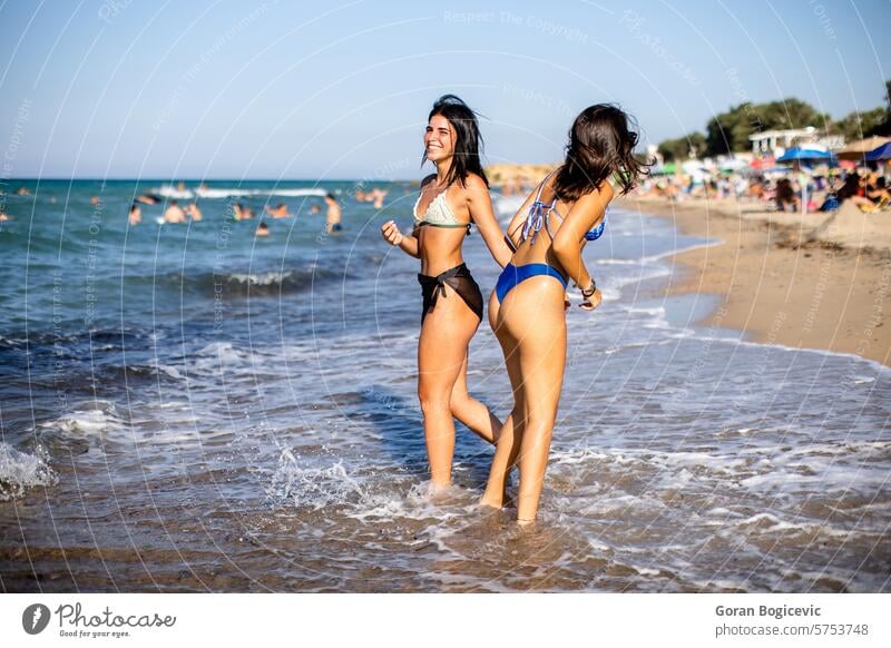 Zwei hübsche junge Frauen haben Spaß am Meer Erwachsener Strand schön Bikini sorgenfrei heiter genießen Genuss Freizeit Freunde Freundschaft Fröhlichkeit Glück