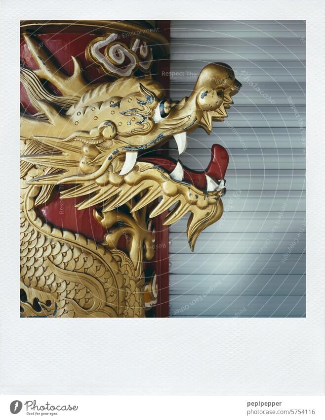 goldener Drache Drachen China Chinatown China-Restaurant Farbfoto Chinesisch Asien Außenaufnahme Drachengesicht Gesicht Zunge Böse Zähne Zähne zeigen