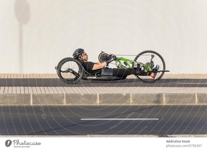 Entschlossene Sportlerin nimmt an Handbike-Rennen teil Athlet Konkurrenz Liegerad Frau adaptiver Sport deaktiviert Tatkraft gepflasterter Weg