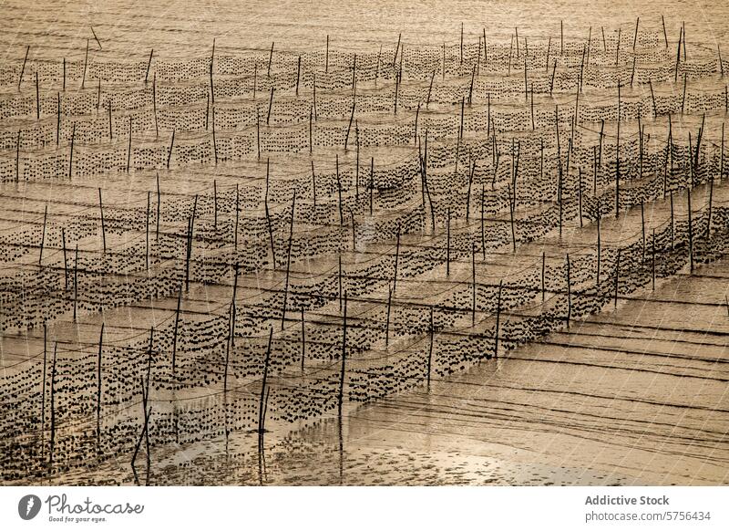 Traditionelle Garnelenzucht in Vietnam bei Sonnenuntergang Shrimp-Farm hölzern Mast Netz Schatten Licht traditionell Aquakultur Gelassenheit Ansicht kompliziert