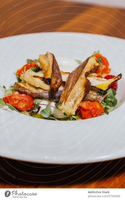 Gebratene Auberginen und Kirschtomaten, kunstvoll arrangiert auf einem Bett aus Grünzeug, ergeben einen optisch ansprechenden Gourmet-Salat Tomate Salatbeilage