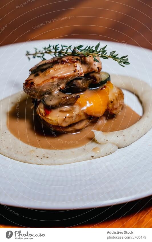 Geschichtete Hähnchenmedaillons, gepaart mit Zucchini und Paprika, übergossen mit einer cremigen Sauce und frischem Thymian, präsentiert auf einem weißen Strukturteller