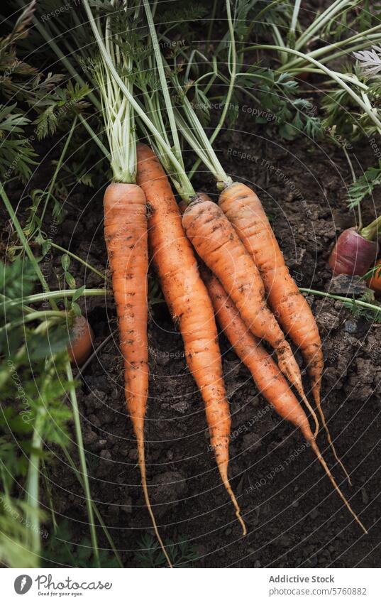 Frisch geerntete Möhren auf der Gartenerde Ernte Gemüse Boden organisch Ackerbau Landwirtschaft frisch grün Top Wurzel Erde Gesundheit produzieren