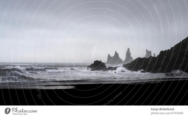 Trollfelsen island Außenaufnahme Reynisdrangar Trollzehen Island Natur Landschaft Küste Meer Strand Wasser Felsen Tourismus Menschenleer schwarz Tag Farbfoto