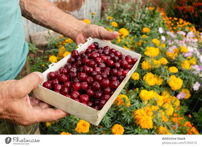 Frisch gepflückte Kirschen in einer Gartenlandschaft Hand frisch Frucht Ernte reif Container Blume Hintergrund natürlich Schönheit Beteiligung farbenfroh