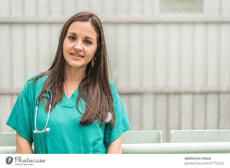 Lächelnder Arzt in Pose die Arme verschränkt Assistent schön Pflege Klinik klinisch selbstbewusst Textfreiraum Dok Notfall Frau freundlich Glück Gesundheit