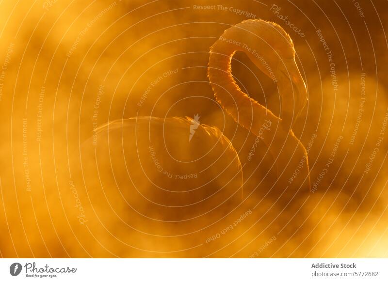 Goldene Stunde Silhouette eines anmutigen Flamingos golden ruhig Natur Schönheit verträumt Dunst warm Hintergrund Gelassenheit Pose Vogel Tierwelt Eleganz Anmut