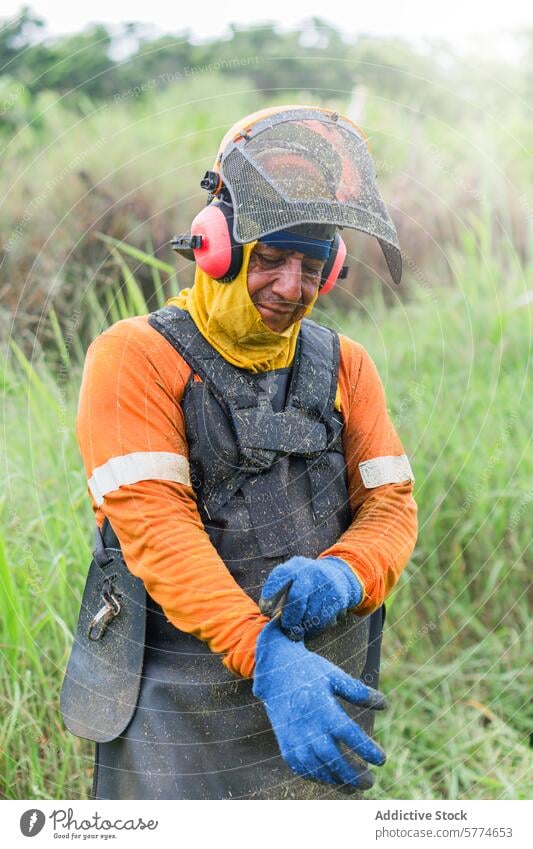 Landwirt mit Schutzausrüstung hält eine Sense auf dem Feld Fangvorrichtung Schutzhelm visier Kapselgehörschützer Pause reflektierende Weste Handschuhe Ackerbau