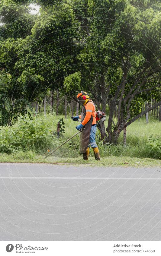 Arbeiter, der mit einem Fadentrimmer das Gras am Straßenrand abschneidet Rasentrimmer Fangvorrichtung Schneiden Bäume Hintergrund im Freien Wehen