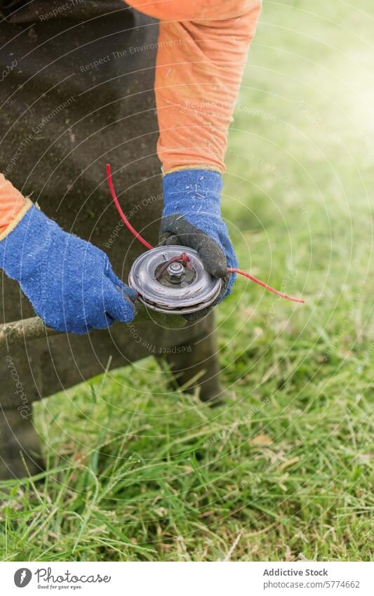 Handhabung eines Fadentrimmerkopfes bei der Gartenpflege Gärtner Handschuh Schnur Trimmer Kopf Flugzeugwartung Landschaftsarchitektur Gras Wandel & Veränderung