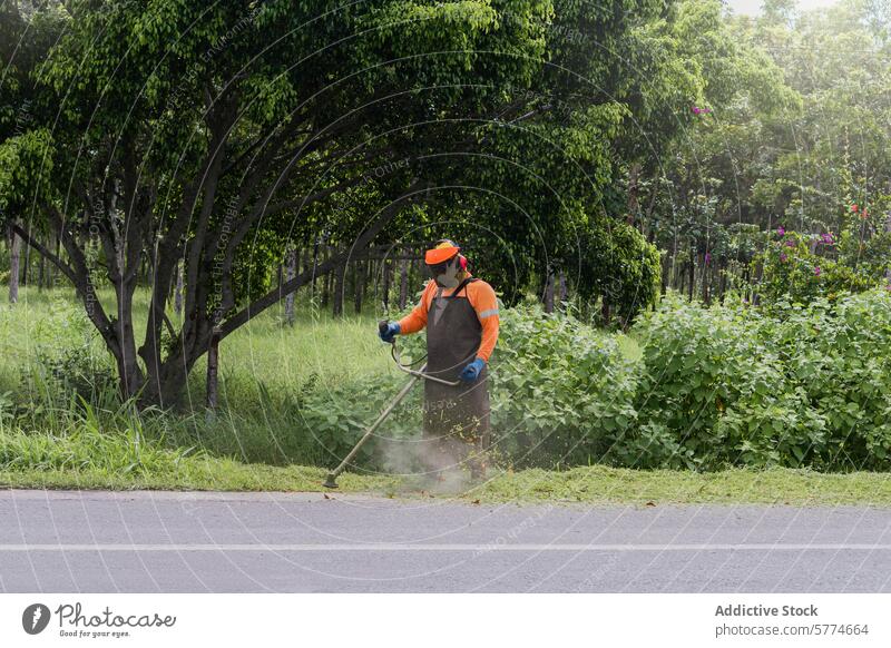 Gärtner mit Fadentrimmer neben einer Straße Arbeiter Fangvorrichtung Rasentrimmer Schneiden Gras Straßenrand Grün orange Schutzhelm Handschuhe Schürze Bäume