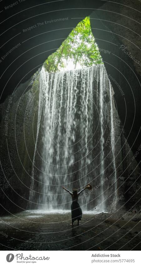 Eine Person steht vor einem majestätischen Wasserfall in Bali Natur tropisch üppig (Wuchs) Vegetation reisen Abenteuer erfrischend Schönheit exotisch Ruhe