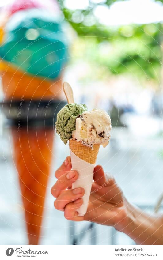 Erfrischende Eiswaffel in tropischer Umgebung Speiseeis Zapfen Hand Baggerlöffel Sommer Leckerbissen Ablass kalt Dessert süß gefroren Erfrischung Snack Molkerei