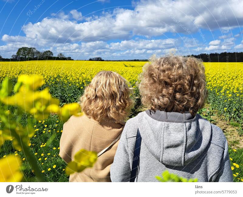 Beste Freundinnen schauen auf ein Rapsfeld Frauen Zusammensein Freundschaft Frühling zwei Zweisamkeit Zufriedenheit natur geniessen Rapsblüte Landschaft