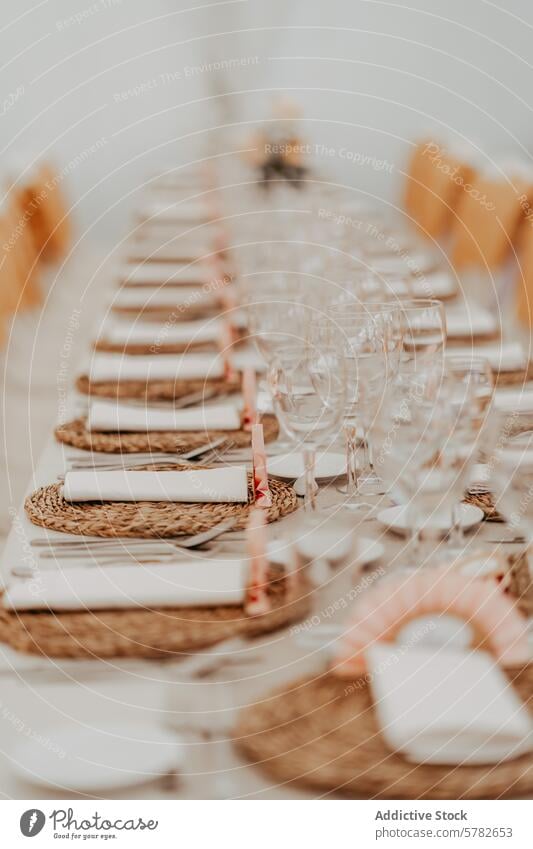 Elegante Hochzeitstischdekoration mit rustikalem Thema Tisch Einstellung elegant Selektiver Fokus Platzset Glaswaren geblümt Ordnung Dekoration & Verzierung