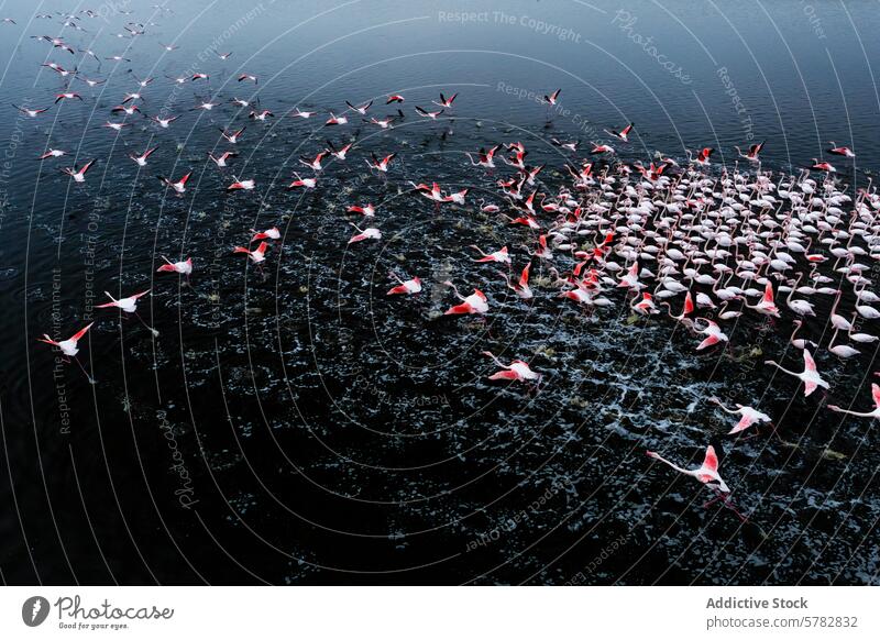 Rosafarbene Flamingos auf ihrem Zug über dunkle Gewässer Flug Tierwelt Antenne Wasser rosa Schwarm Vogel Natur Migration schwebend Spannweite Gefieder See