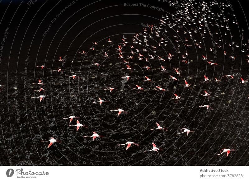 Anmutiger Schwarm von Flamingos, die über dem Wasser schweben Flug Tierwelt Rippeln Vogel Flügel Feder Natur wild rosa schwarz Reflexion & Spiegelung Bewegung