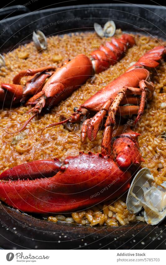 Traditionelle valencianische Paella mit Meeresfrüchten und reichhaltigem Socarrat Valencianer sozarrat Muscheln Krabbe Tintenfisch traditionell spanische Küche