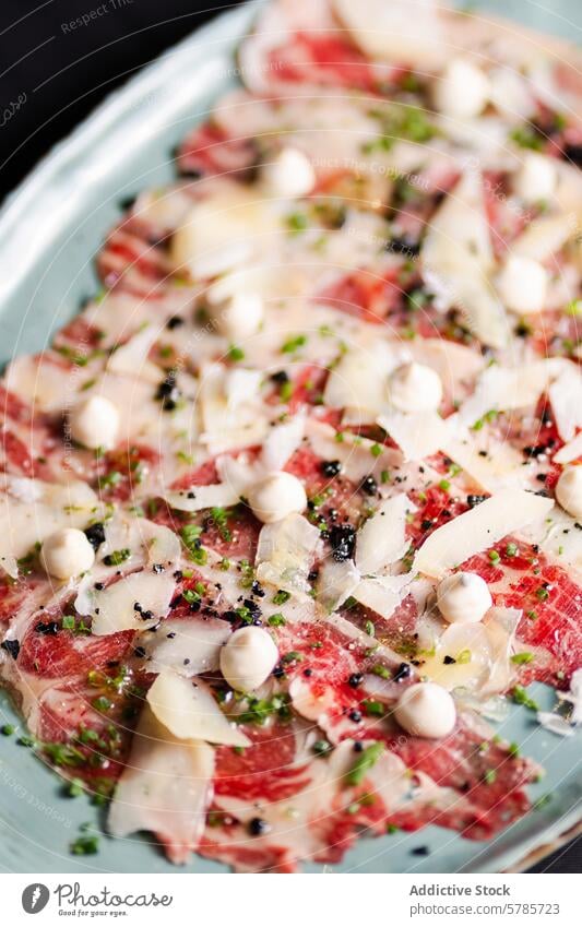 Exquisites Carpaccio vom Rind mit Parmesan und Kräutern Rindfleisch Küchenkräuter Gewürz Teller Feinschmecker Amuse-Gueule rasiert verziert frisch vorbereitet