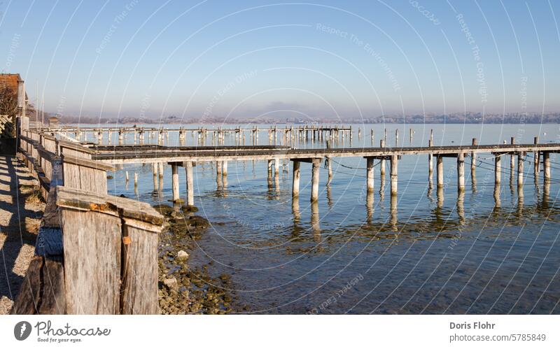 Bootsstege am Ammersee Schondorf See Segeln Winter Morgenstimmung klare luft Wasser Himmel Erholung Seeufer Steg Schönes Wetter Natur Ruhe