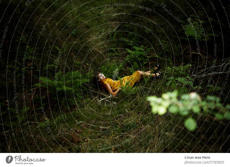 Eine atemberaubende brünette Frau in einem goldenen Kleid liegt entspannt im Gras inmitten dieser üppigen grünen Landschaft. Sie verkörpert sowohl Schönheit als auch Anmut und posiert im Freien. Die Szene strahlt eine positive Stimmung aus, ein Hauch von Sommer liegt in der Luft.