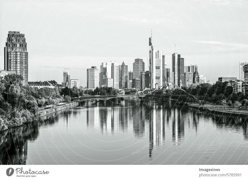 Blick auf den Fluss Main mit der europäischen Wolkenkratzer Skyline, Finanzzentrum Frankfurt am Main. Geschäfts- und Finanzkonzept Architektur Bank