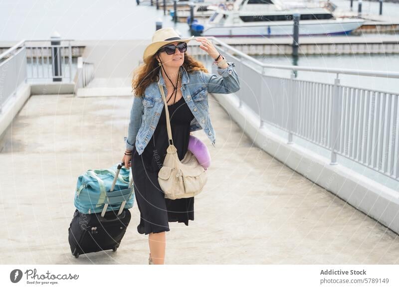 Weiblicher Reisender bei der Ankunft auf Nusa Penida, Bali Frau Gepäck Pier nusa penida erkunden Sonnenhut Sonnenbrille Jeansjacke Freizeit Urlaub Tourismus