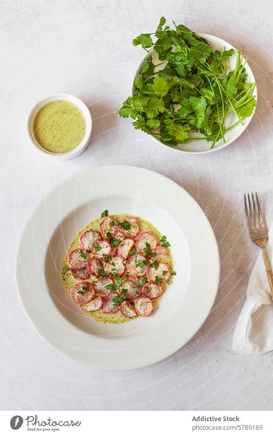 Gebratene Radieschen auf grüner Tahinisauce, Ansicht von oben gebraten Rettich grünes Tahini Saucen Petersilie Speise Gemüse Gesundheit Draufsicht