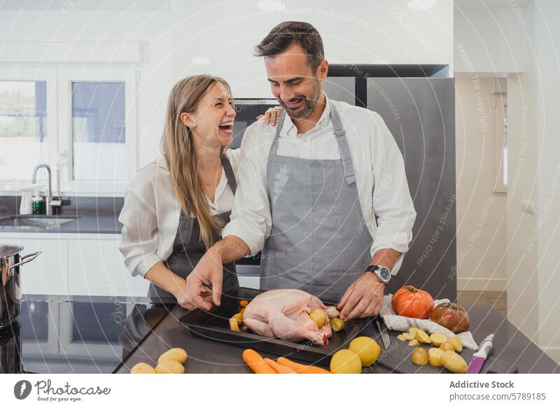 Ein fröhliches Paar bereitet in der Küche ein Hühneressen vor Essen zubereiten Gebratenes Huhn Gemüse Familie Abendessen Vorbereitung heimwärts Fröhlichkeit