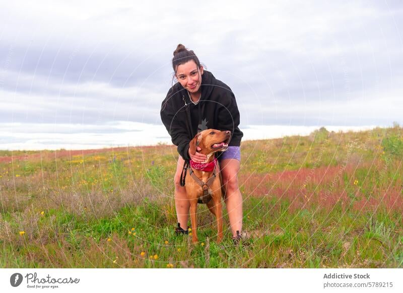 Frau und Mischlingshund bei einem Spaziergang auf dem Land Hund Landschaft Vizsla Haustier Besitzer Lächeln kniend farbenfroh binden im Freien Freizeit