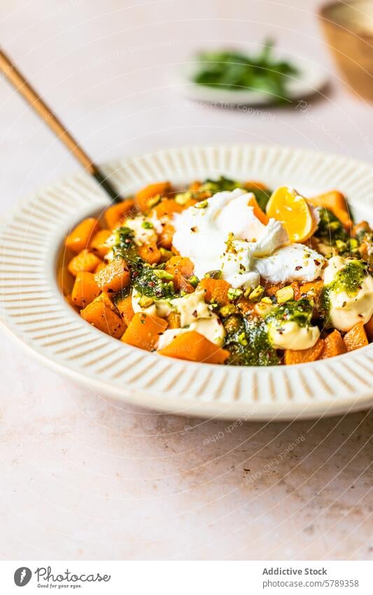 Gebratener Kürbis mit Mayonnaise und Pesto von oben betrachtet Lebensmittel Speise Gemüse Squash gebraten Garnierung Samen Teller Küche Gesundheit Essen