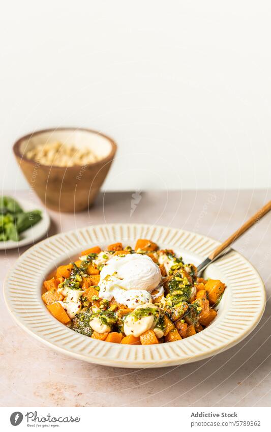 Gebratener Kürbis mit Toppings in einer simplen Anordnung gebraten Squash Mayonnaise Pesto Schalen & Schüsseln gestreift schräge Ansicht Speise pulsierend Belag